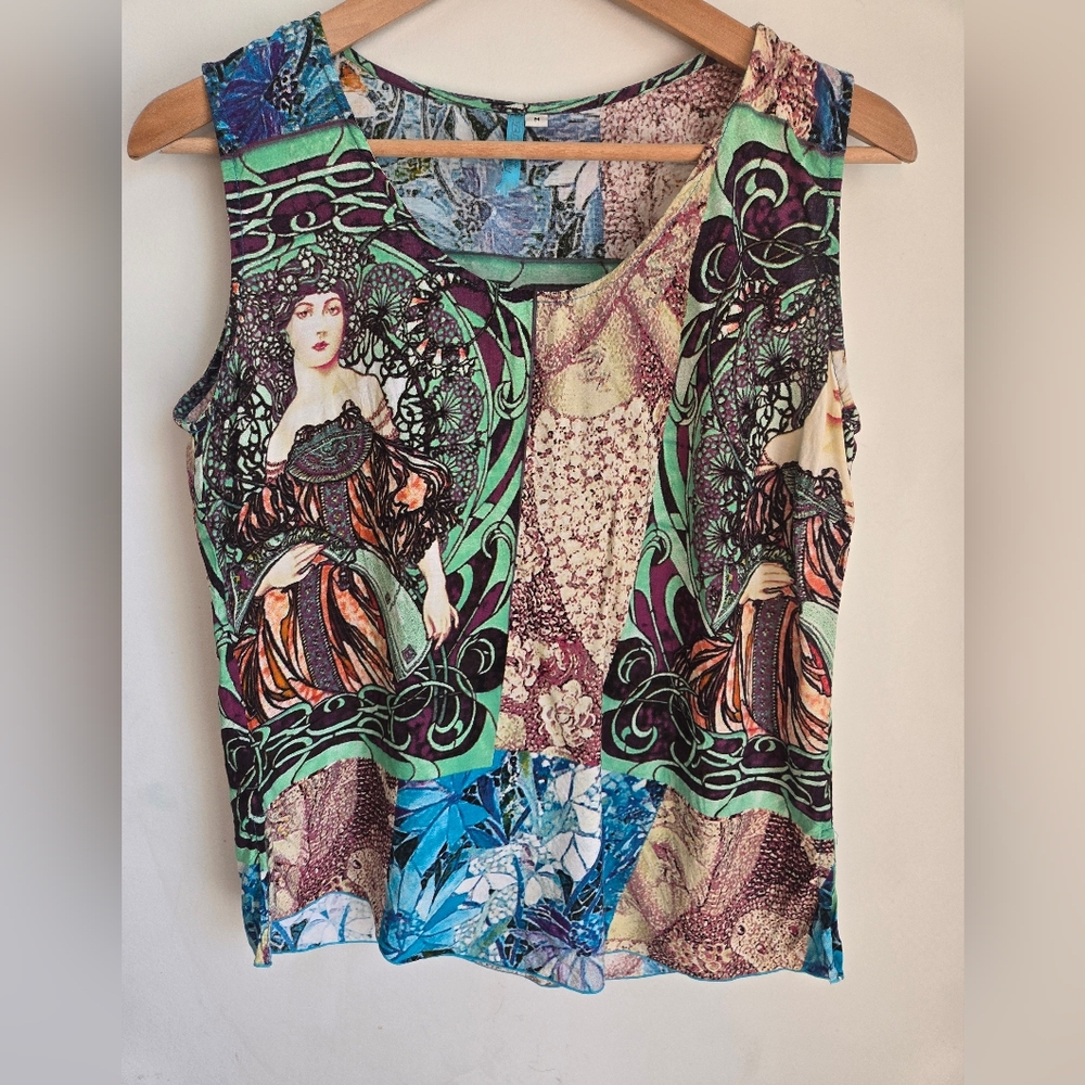 BLUE SKY Artistic Multicolor Sleeveless 💯 Rayon Top